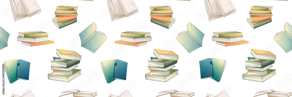 Vector seamless pattern with books and stack of books isolated on white. Illustration perfect for design of website, fabric, wrapping paper, decoration of bookstore, library, bookshop. Cartoon style.