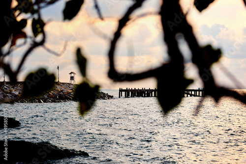 front view of leaf in sunset over the sea with pier photo