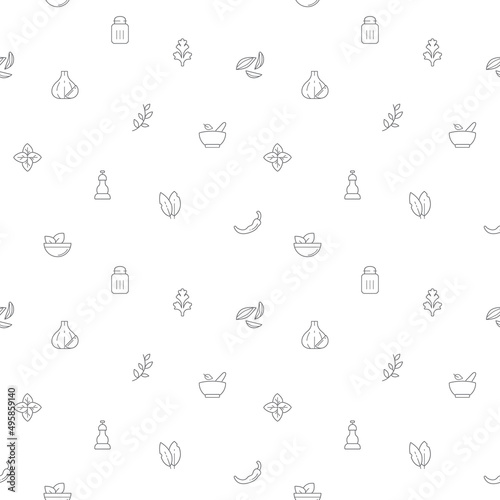 Seamless pattern with herbs and spices icon on white background. Included the icons as basil, parsley, rosemary, bay leaf, chili, onion, dill, cloves, garlic And Other Elements.