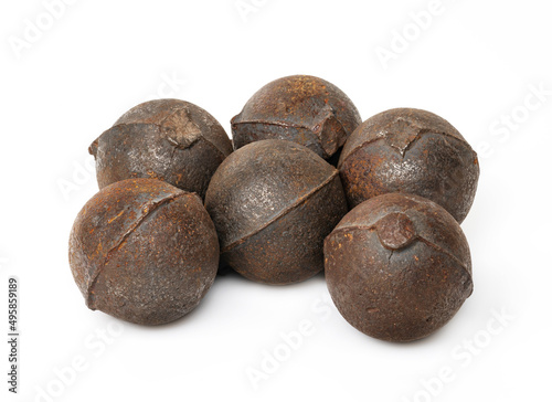 Raw cast iron metal iron balls isolated on white background. photo