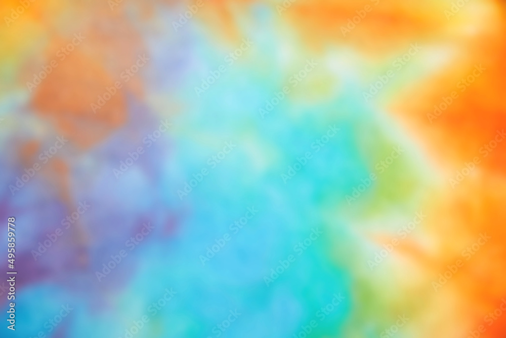 Blurred abstract tie dye multicolor fabric cloth pattern texture for background or groovy wedding card, sale flyer, 60s, 70s poster, kid tie-dye diy backdrop. Modern Watercolor Wet Brush Fabrics Art - obrazy, fototapety, plakaty 