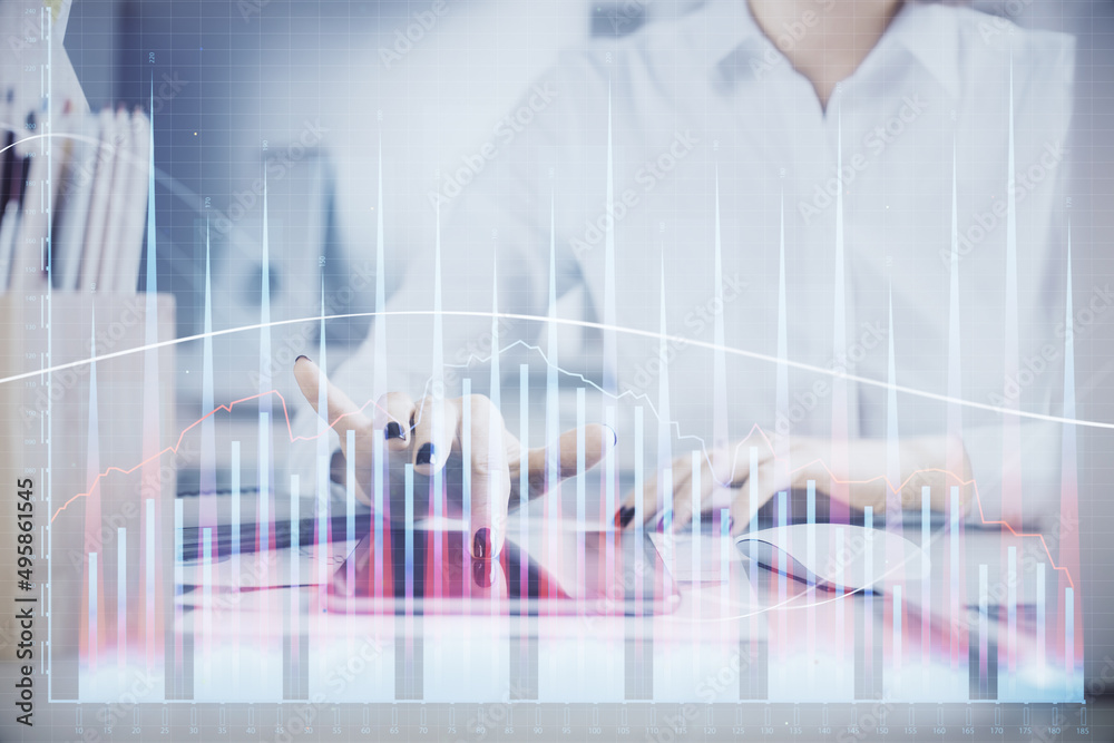 Double exposure of forex chart sketch hologram and woman holding and using a mobile device. Financial market concept. Double exposure of forex chart sketch hologram and woman holding and using a mobile device. Financial market concept.