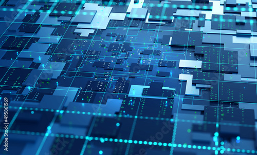 Tiled cyber structure. Nanotechnologies in processors and computer circuits. 3D illustration of digital streams in a futuristic motherboard