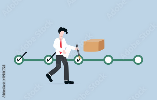 Product quality control, checking standardization of manufactured product or product lot quality sampling test before shipping concept. Businessman checking quality of product following checklist.