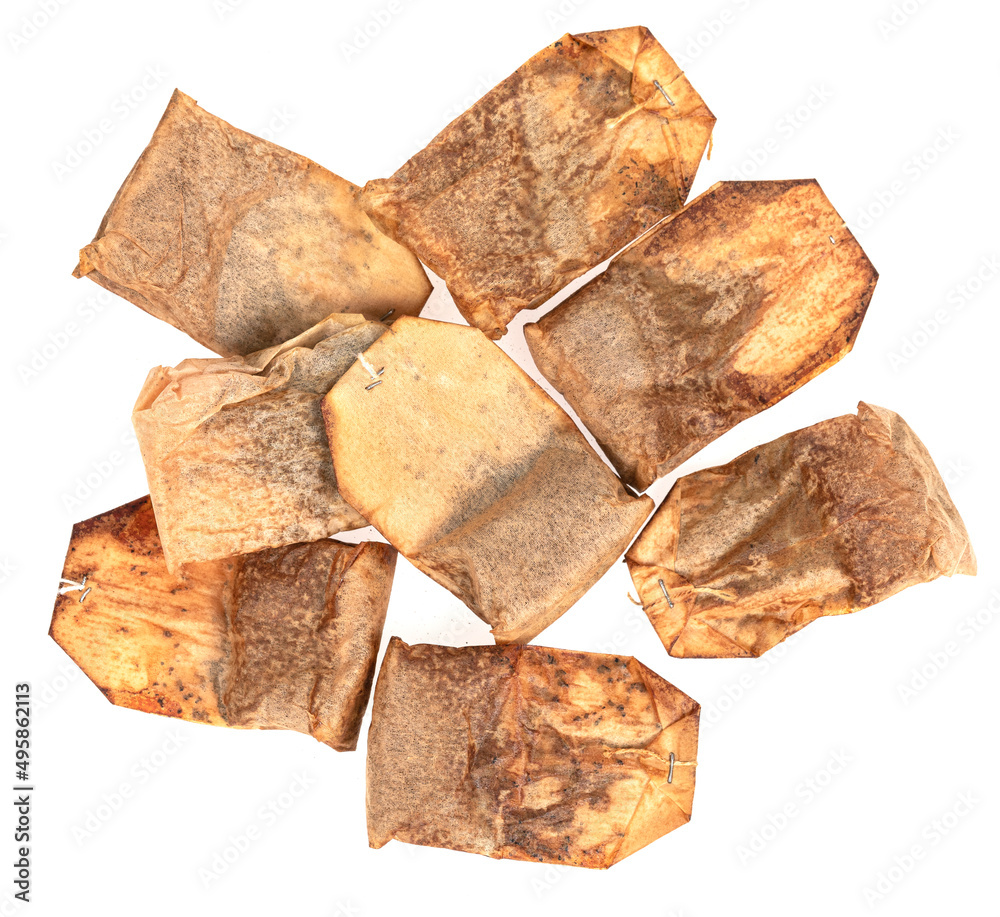 Used dried tea bag isolated on white background Used dried tea bag isolated on white background