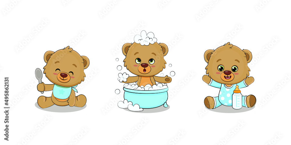 Set of cute cartoon teddy bear. Teddy bear with baby bottle. Teddy bear in the bath.Vector illustration
