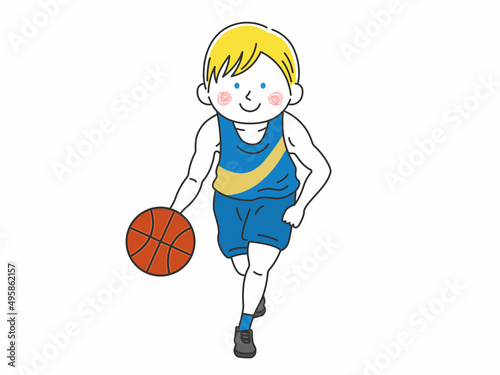 ドリブルをする、バスケットボール選手の白人男性のイラスト