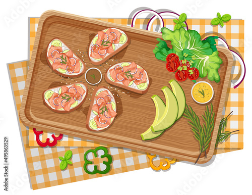 Top view of bruschetta on a wooden tray