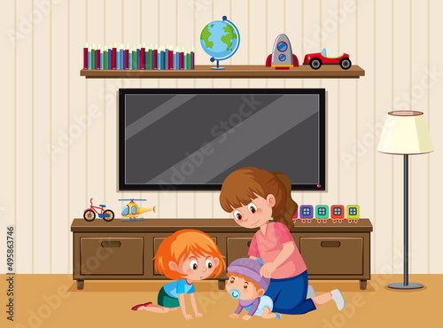 Living room scene with children cartoon character