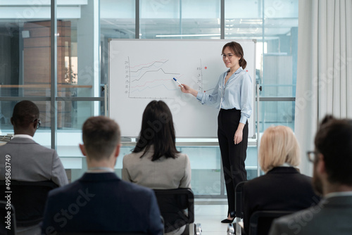 Fototapeta Young successful female broker pointing at financial graphs on whiteboard while