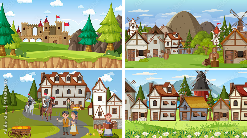Naklejka premium Set of different scene medieval