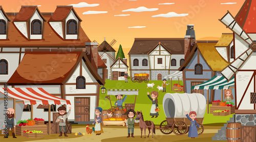 Medieval town scene with villagers