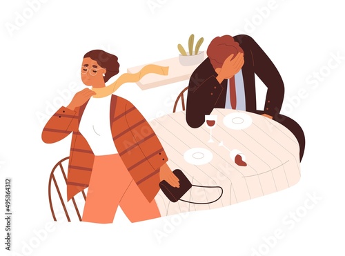 Woman leaving sad man after bad failed date, quarrel. Conflict of lovers in restaurant. Love partners breaking up romantic relationships. Flat graphic vector illustration isolated on white background