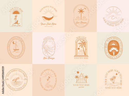 Collection of Summer, Sea, Surfing, Tropical linear logos, symbols, icons design template. Editable vector logotype.