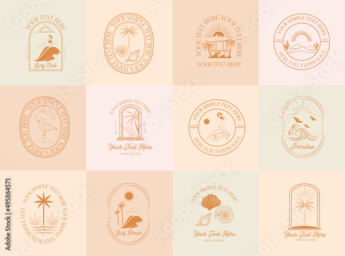 Collection of Summer, Sea, Surfing, Tropical linear logos, symbols, icons design template. Editable vector logotype.