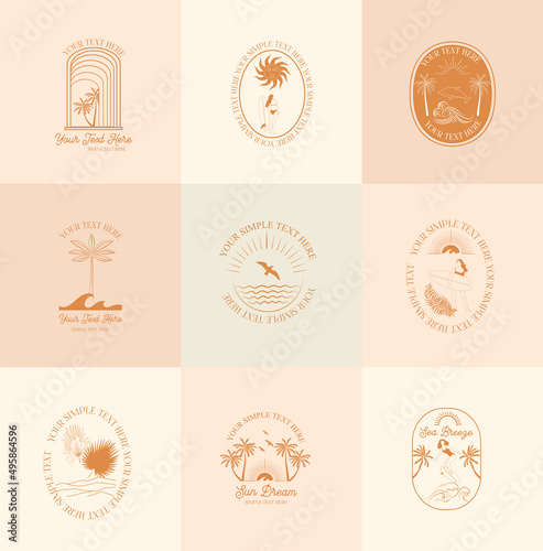 Collection of Summer, Sea, Surfing, Tropical linear logos, symbols, icons design template. Editable vector logotype.
