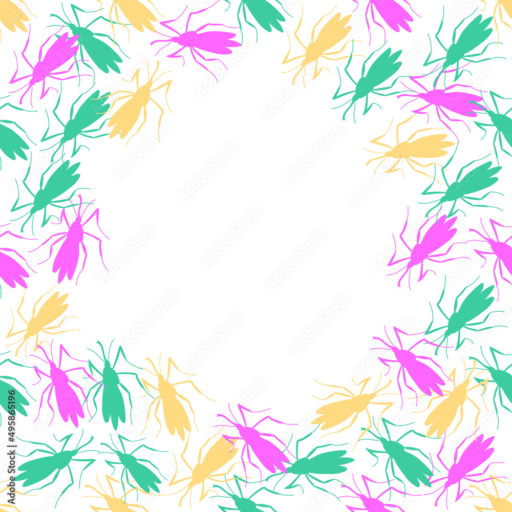 Vector frame, border from pink, green, yellow small mosquitoes, moths or beetles in flat style. Multicolor background, decoration with insects, bloodsuckers, pests Vector frame, border from pink, green, yellow small mosquitoes, moths or beetles in flat style. Multicolor background, decoration with insects, bloodsuckers, pests