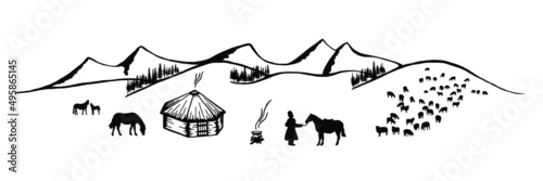 Sketch on the topic of life in Altai, Siberia and Central Asia, vector illustration