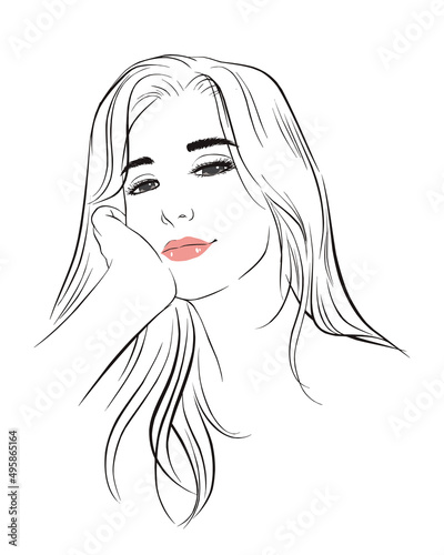 girl face long hair portrait isolated on white background. hand drawn vector illustration