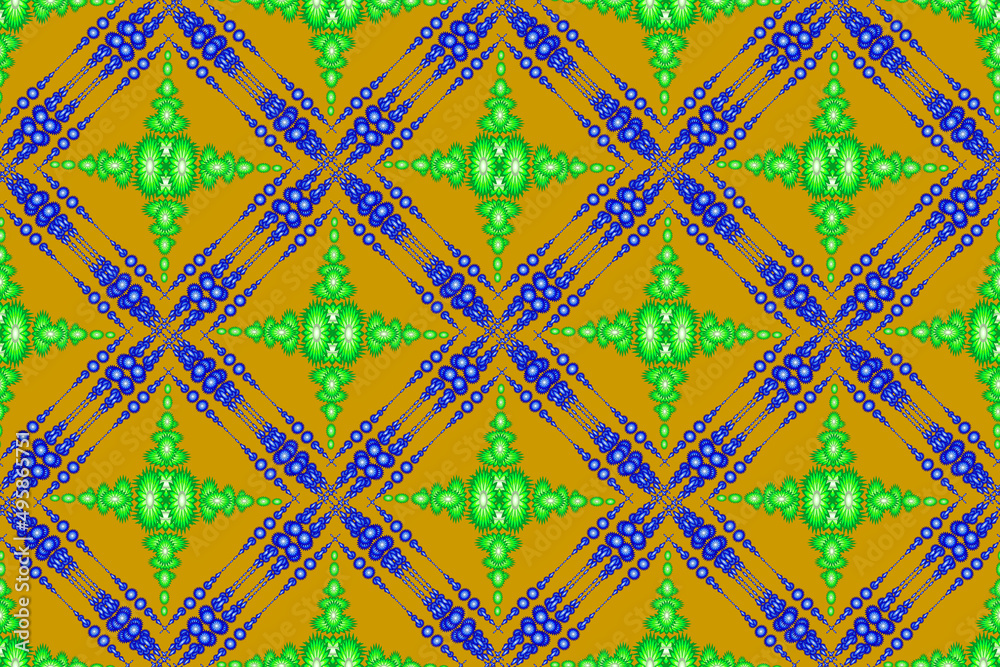 floral pattern, ethnic geometry blue green floral seamless pattern, seamless pattern for curtain design, carpet, wallpaper, clothing, wrap, batik, golden brown background fabric pattern