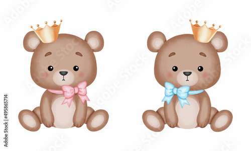 Cute little teddy bear with crown and ribbon. Watercolor style vector design