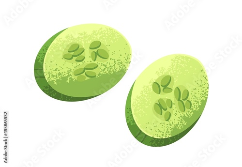 Cucumber slices. Fresh green vegetable, cut pieces, sections with seeds compo...