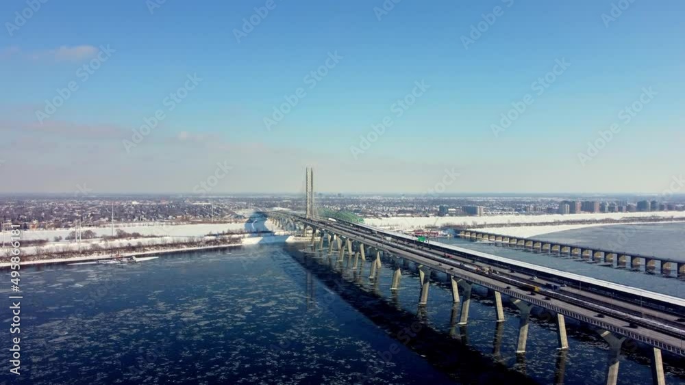 Drone shot of Champlain Bridge, Montreal, Canada during winter. Drone shot of Champlain Bridge, Montreal, Canada during winter.