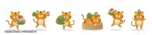 6 cute tigers and traditional Chinese food for Dragon Boat Festival: Zongzi, glutinous rice food wrapped in bamboo leaves