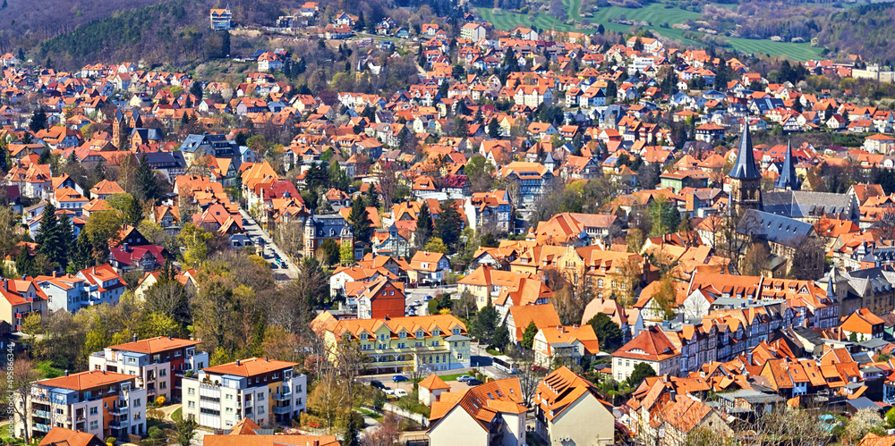 Beautiful view from above of the red roofs of the half-timbered houses of a city. Saxony-Anhalt, Germany