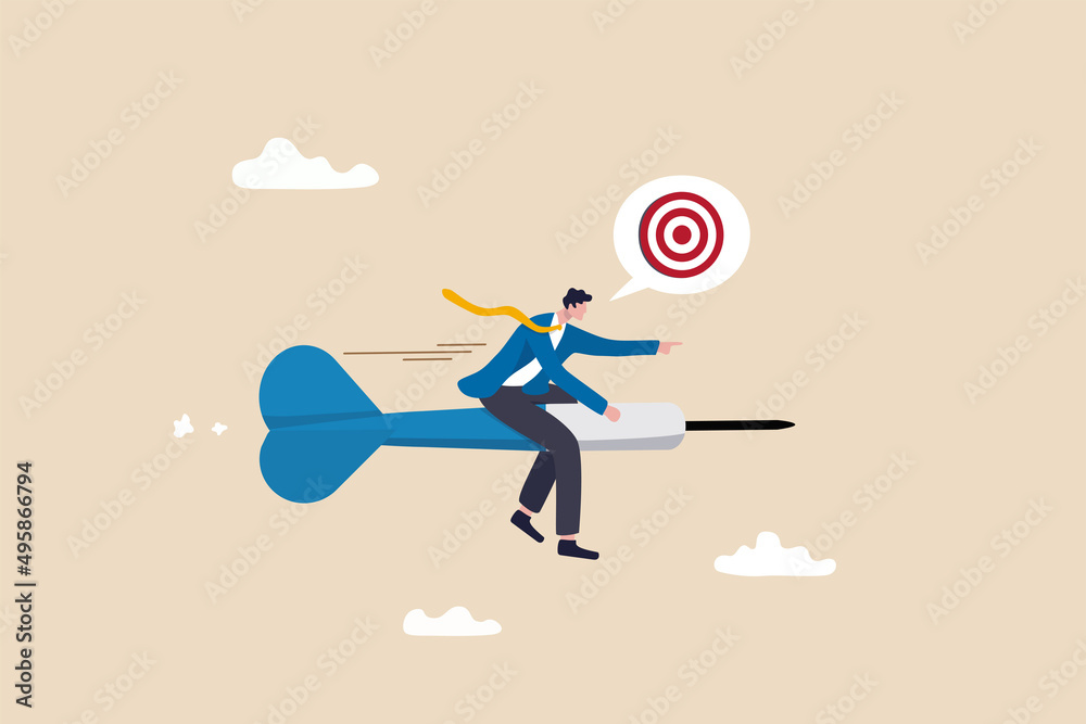 Aiming for target or goal, determination and strategy to reach target and achieve business success, aspiration and direction to win and victory, confidence businessman riding dart aiming for target. Aiming for target or goal, determination and strategy to reach target and achieve business success, aspiration and direction to win and victory, confidence businessman riding dart aiming for target.