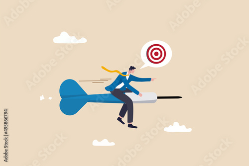 Aiming for target or goal, determination and strategy to reach target and achieve business success, aspiration and direction to win and victory, confidence businessman riding dart aiming for target.