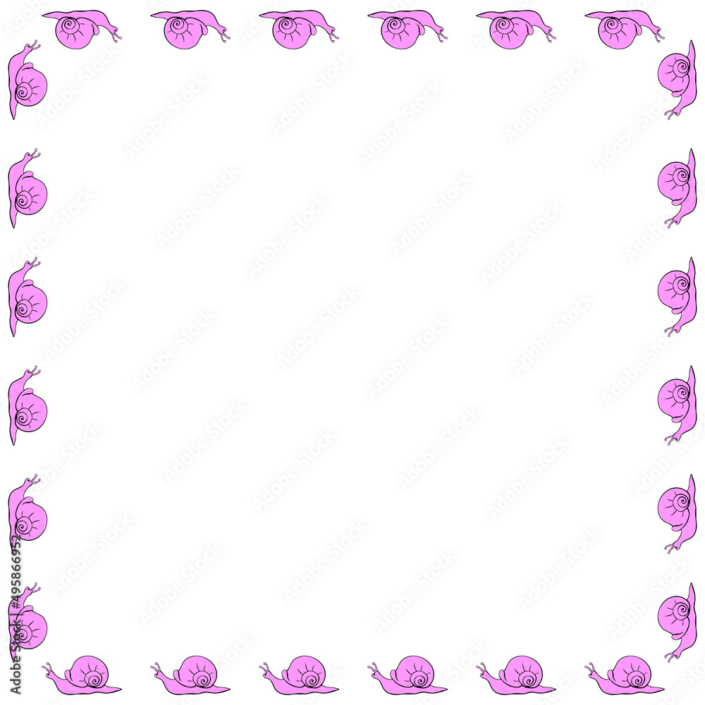 Vector square border, frame of pink cute snails in flat style. Simple background, decoration for Natural design, kids theme Vector square border, frame of pink cute snails in flat style. Simple background, decoration for Natural design, kids theme
