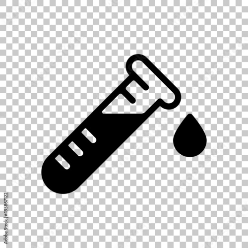 Test tube with blood, medical logo, simple icon. Black symbol on transparent background