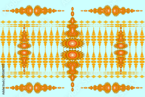 Golden brown fabric pattern, ethnic seamless pattern, for curtain design, packaging, decorative printing, retro tile pattern, carpet, wallpaper, wrap, batik, light blue background fabric pattern.