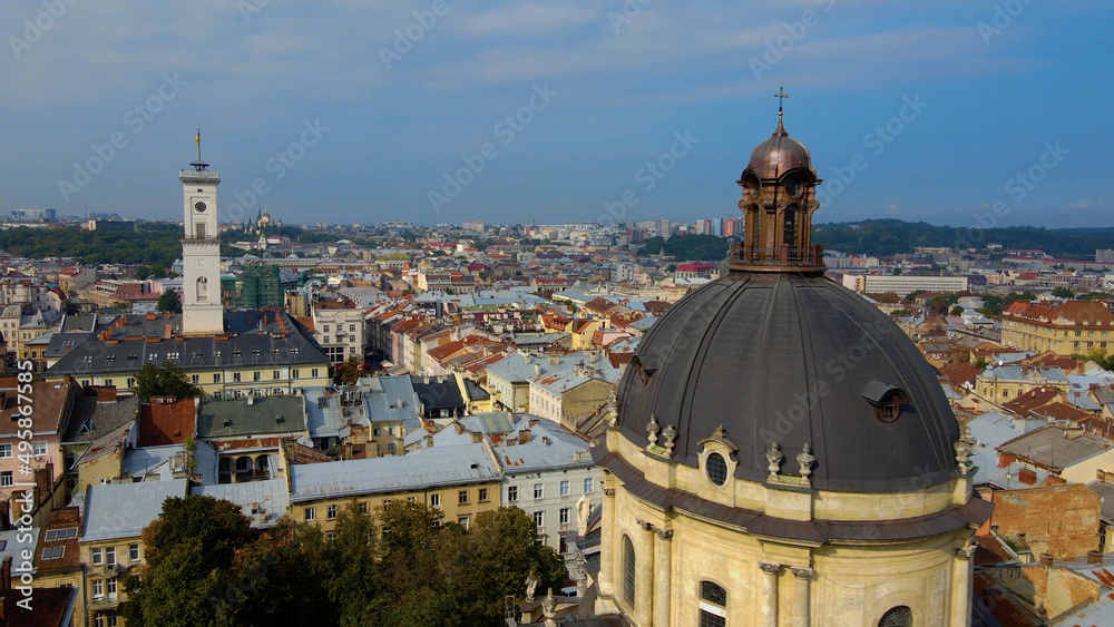 Aerial video of Dominican Church in central part of old city of Lviv, Ukraine