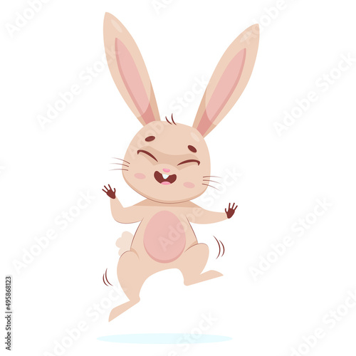 Funny bunny jumping cartoon vector illustration. Cute rodent with closed eyes dancing or moving, smiling and having fun on white background. Wildlife animal, action concept © PCH.Vector