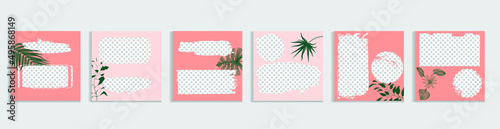 Social media covers with simple design elements . Boho style . Leaves . Post frame stories templates.  Layout for promotion .Media banner .Vector