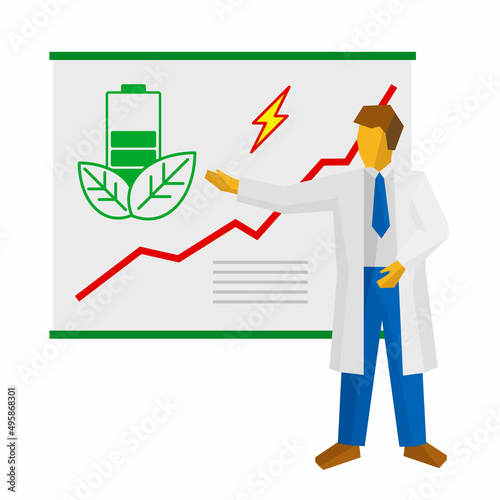 Scientist show poster about green power. Battery and rising grapth on the poster. Eco friendly concept, renewable energy sources. Simple flat vector clip art on white background.