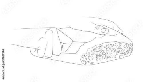 Hands cut bread with knife vector sketch illustration.