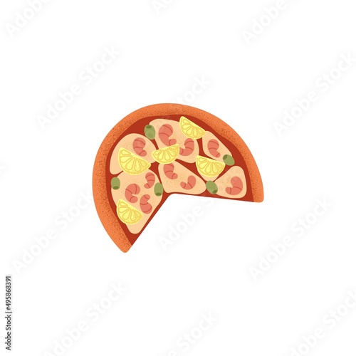 Italian pizza with sea food ingredients. Italy meal with shrimps, cheese, pineapple. Snack with prawns, mozzarella, olives and cut absent piece. Flat vector illustration isolated on white background