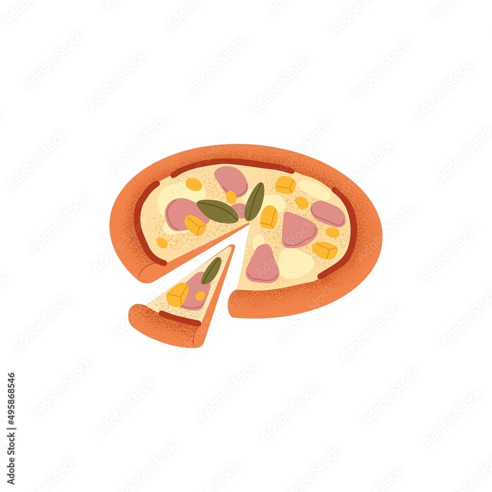 Italian pizza with ham, cheese, basil and thick crust. Meat food from Italy with cut triangle piece with cheddar, sauce. Tasty snack, dish. Flat vector illustration isolated on white background Italian pizza with ham, cheese, basil and thick crust. Meat food from Italy with cut triangle piece with cheddar, sauce. Tasty snack, dish. Flat vector illustration isolated on white background