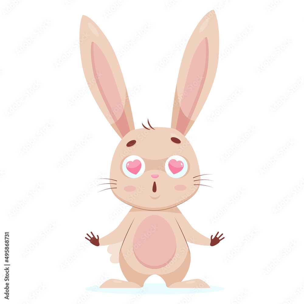 Cute rabbit with hearts in eyes cartoon vector illustration. Pretty fluffy bunny in love, standing on white background. Wildlife animal, romantic relationship concept Cute rabbit with hearts in eyes cartoon vector illustration. Pretty fluffy bunny in love, standing on white background. Wildlife animal, romantic relationship concept