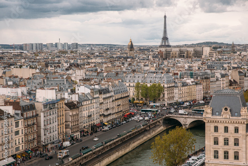 View from the Notre Dame de Paris to Parisian residential buildings and Eiffel Tower. Seine river  cloudy sky. Travelling to Paris. Wanderlust. 