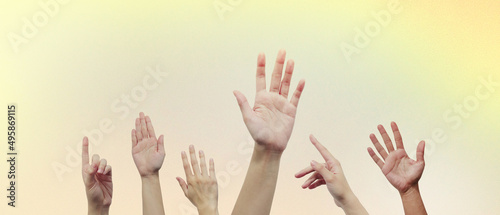 Helping hand concept and international day of peace. Unity and help, Hands up, Help and Hope for support, Provide hopeful assistance, copy space, banner