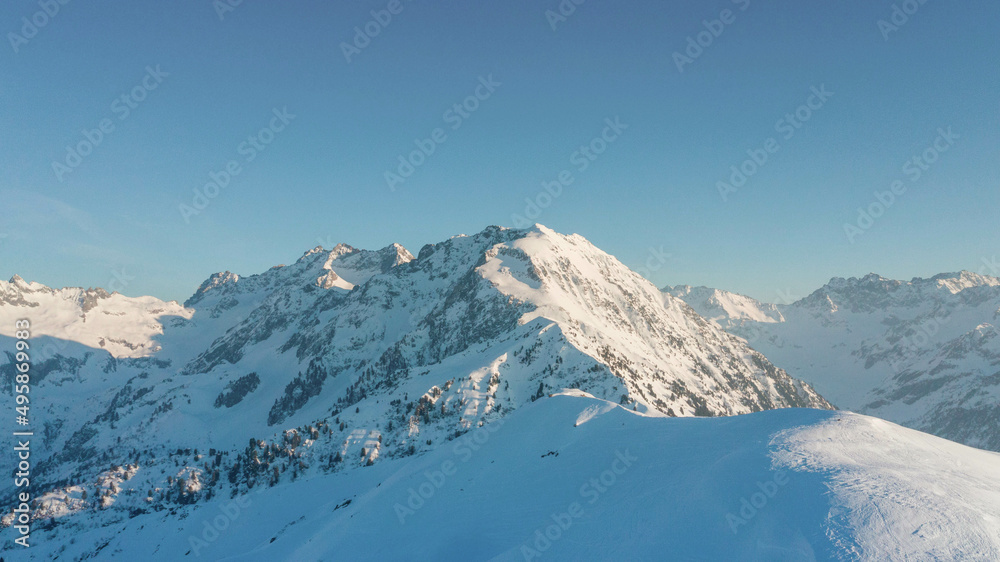 Snowy mountain at sunset, Belledonne, French Alps, France