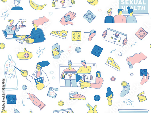 Say Yes to Safe Sex seamless pattern background icons set