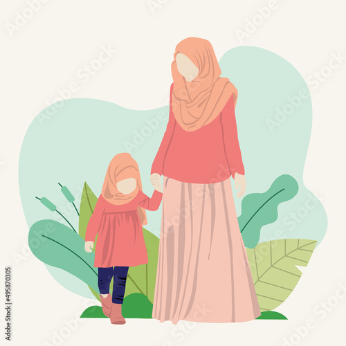 A muslimah mother with her daughter vector illustration
