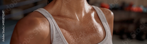 Close up of shoulders and neck fit female with sweat on skin after workout