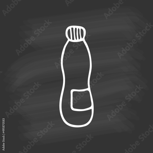 Hand drawn sport water bottle on chalkboard. White outline on black background. Cute element in doodle style for card, social media banner, sticker, decoration kids playroom. Vector illustration