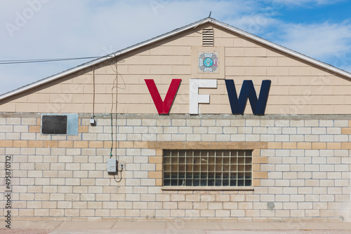 VFW building, the Veterans of Foreign Wars organization, sign and window.  photo